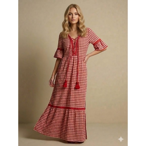 POL Dresses & Skirts - POL Red Gingham Maxi Dress Boho Lace Tassel - M